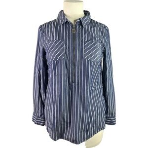 Tommy Hilfiger Long Tab Sleeve Logo Front Zip Stripe Navy White Top M